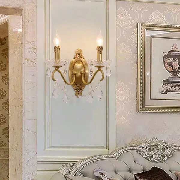 French Vintage Brass Crystal Candle Shade 1/2 Light Wall Sconce - Image 3