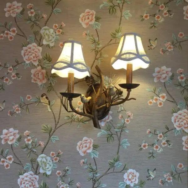 Vintage Fabric Bird Pinecone Resin 1/2 Light Wall Sconce Lamp - Image 3