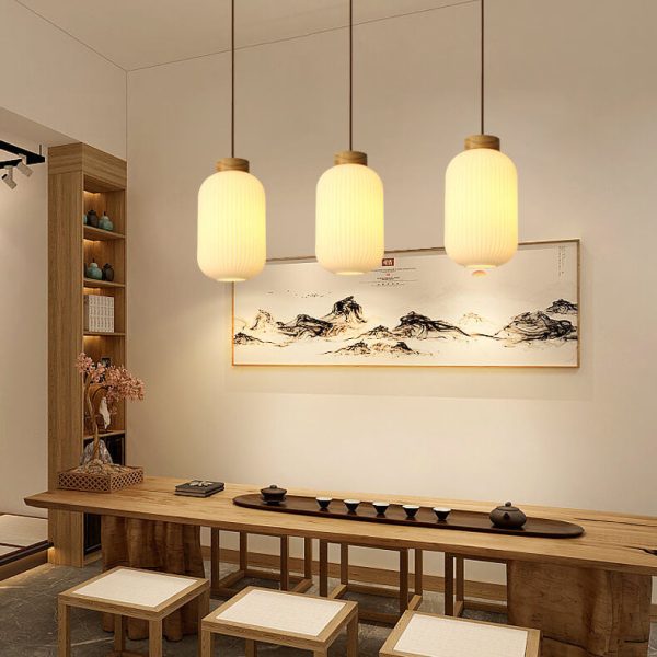 Retro White Striped Glass Jar 1-Light Japanese Pendant Light - Image 5