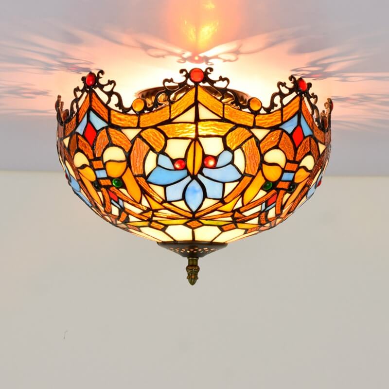 1-2-564d52a4-6d9c-4624-a776-89248e12317f.jpg Vintage Tiffany Stained Glass Bowl Shape 2-Light Flush Mount Ceiling Light - Image 1