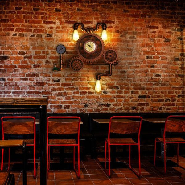 Vintage Industrial Gear Water Pipe Clock 3-Light Wall Light - Image 2