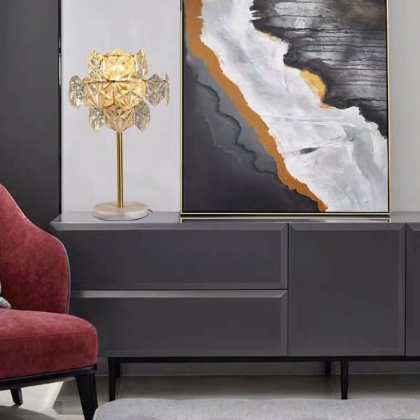 Modern Snowflake Glass Shade 2-Light Marble Base Table Lamp - Image 2