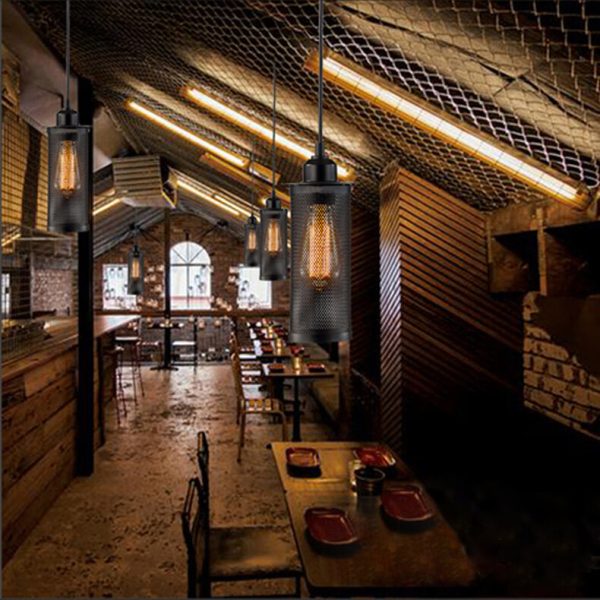 Vintage Wrought Iron Metal Mesh Cylindrical 1-Light Pendant Light - Image 4