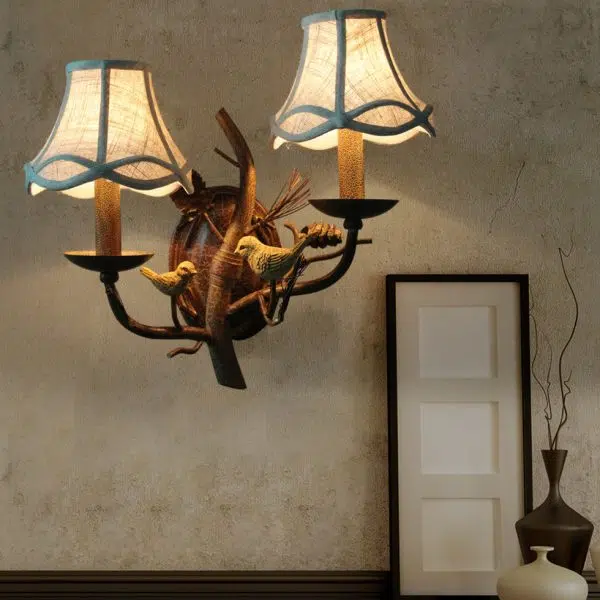 Vintage Fabric Bird Pinecone Resin 1/2 Light Wall Sconce Lamp - Image 5