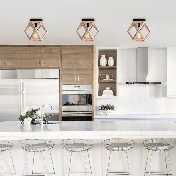 Vintage Aged Wooden Cage 1-Light Semi-Flush Mount Ceiling Light - Image 3