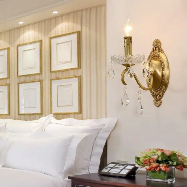 French Vintage Brass Crystal Candle Shade 1/2 Light Wall Sconce - Image 2