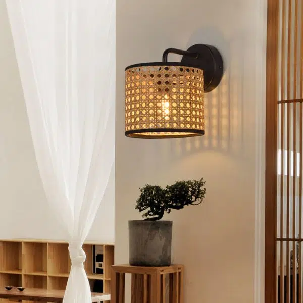 Modern Rattan Weaving Drum 1-Light Wall Sconce Lamp - Image 2