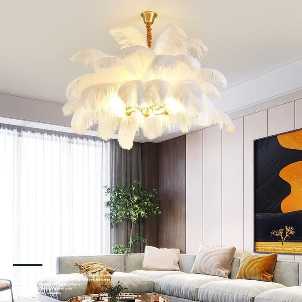 Modern Ostrich Feather 6-Light Brass Chandeliers - Image 3