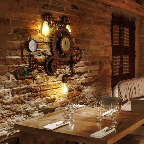 Vintage Industrial Gear Water Pipe Clock 3-Light Wall Light - Image 11