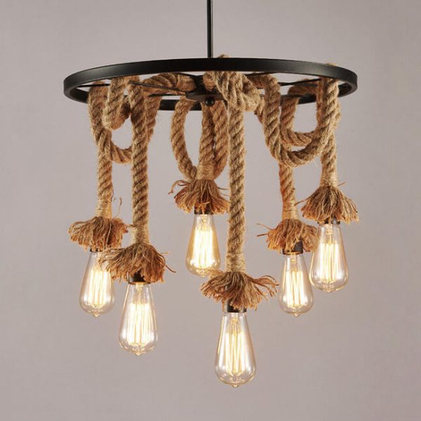 Retro Black Metal Wagon Wheel 3/6 Light Hemp Rope Chandeliers - Image 4