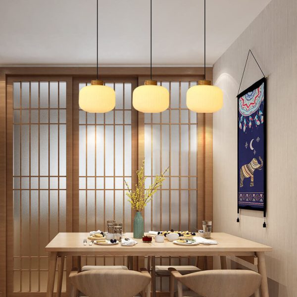 Retro White Striped Glass Jar 1-Light Japanese Pendant Light - Image 6