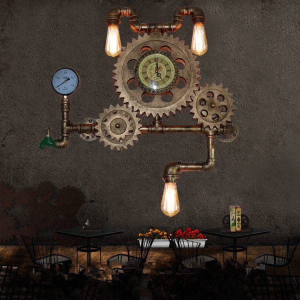 Vintage Industrial Gear Water Pipe Clock 3-Light Wall Light - Image 3