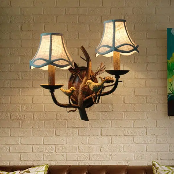 Vintage Fabric Bird Pinecone Resin 1/2 Light Wall Sconce Lamp - Image 6