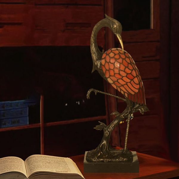 Vintage Tiffany Crane 1-Light Stained Glass Table Lamp - Image 16