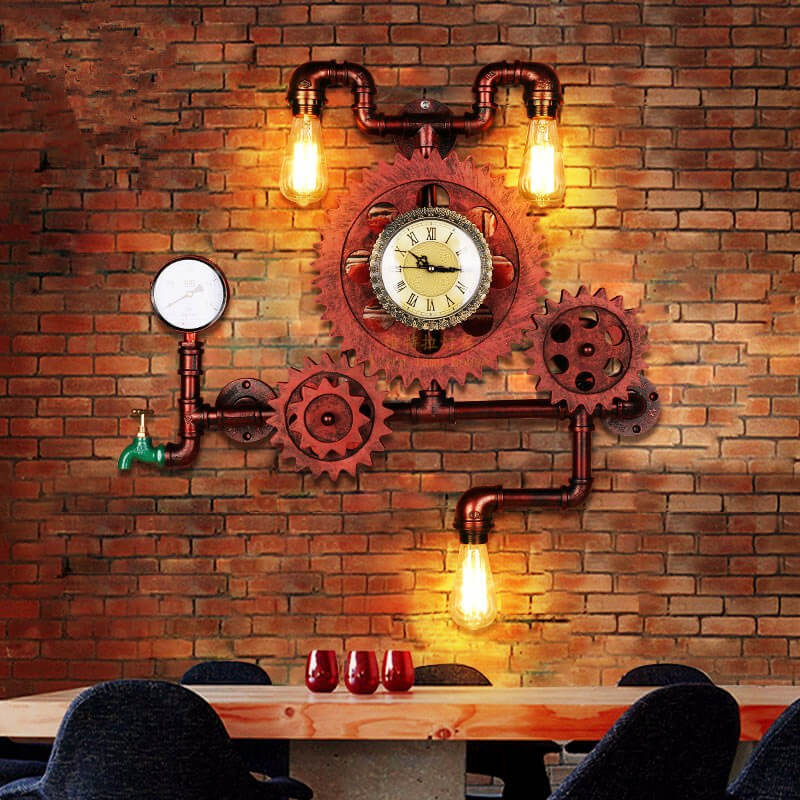 1-5-5378f356-5210-43d8-90cb-00f115f6cb9d.jpg Vintage Industrial Gear Water Pipe Clock 3-Light Wall Light - Image 1