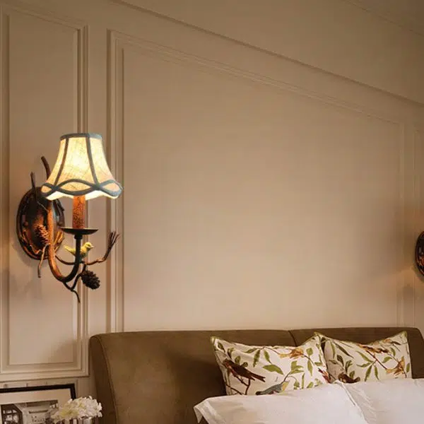 Vintage Fabric Bird Pinecone Resin 1/2 Light Wall Sconce Lamp - Image 4