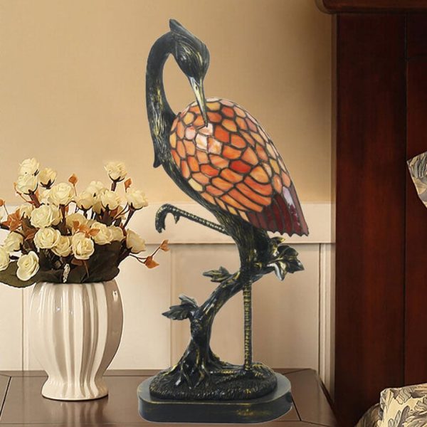 Vintage Tiffany Crane 1-Light Stained Glass Table Lamp - Image 2