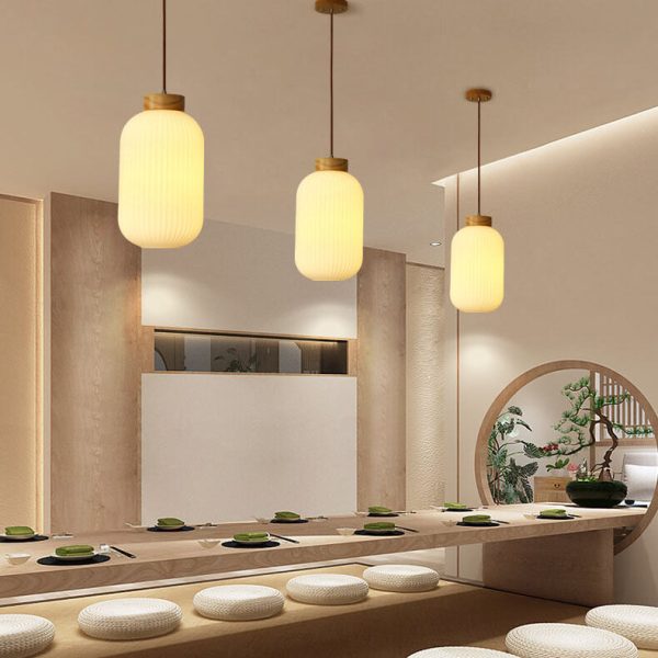 Retro White Striped Glass Jar 1-Light Japanese Pendant Light - Image 10