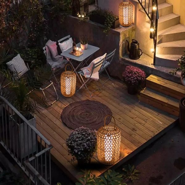 Modern Rattan Weaving Cylinder Outdoor Waterproof Floor Lamp - Image 15