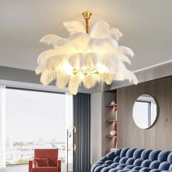 Modern Ostrich Feather 6-Light Brass Chandeliers - Image 16