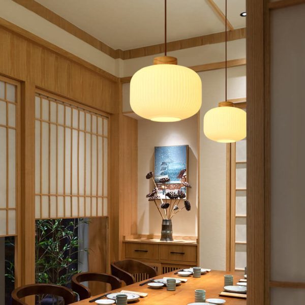 Retro White Striped Glass Jar 1-Light Japanese Pendant Light - Image 3