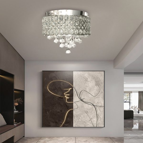 4-Light Drum Shaped Crystal Metal Modern Flush Mount Lighting Chandelier - Image 2