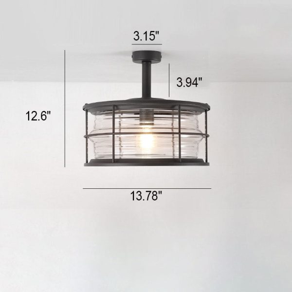 Industrial Vintage Glass Drum 1-Light Outdoor Semi-Flush Mount Ceiling Light - Image 8