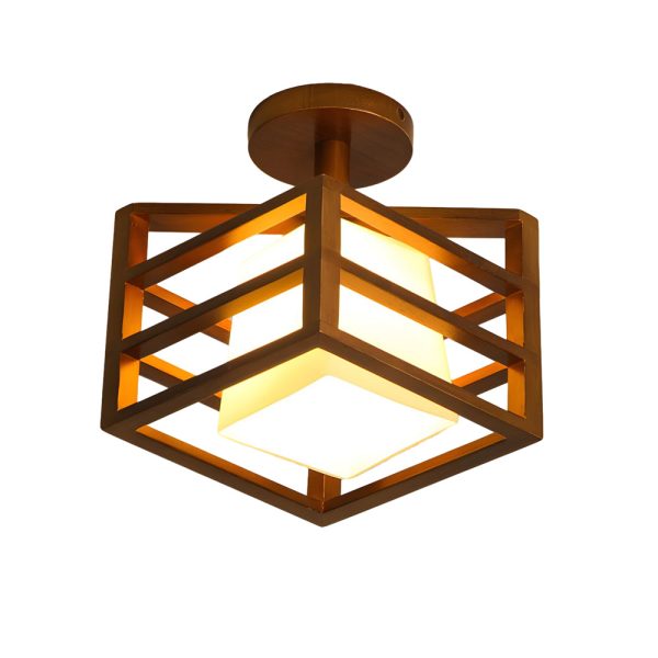 Square Walnut Wooden Frame 1-Light Semi-Flush Mount Ceiling Light - Image 8
