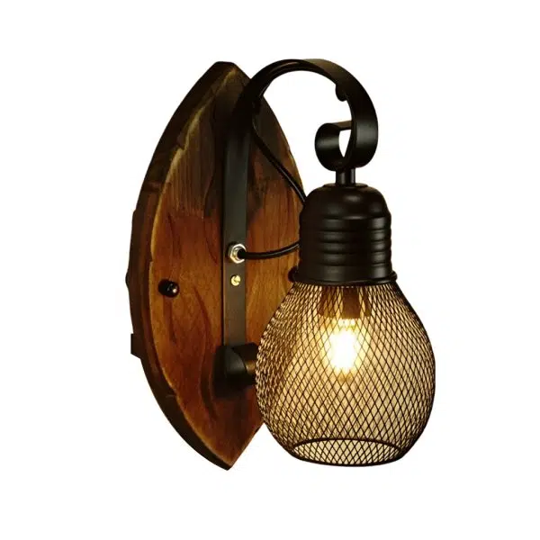 Rustic Antique Wood Iron Hollow Mesh Black E27 Industrial Style Wall Lamp - Image 6