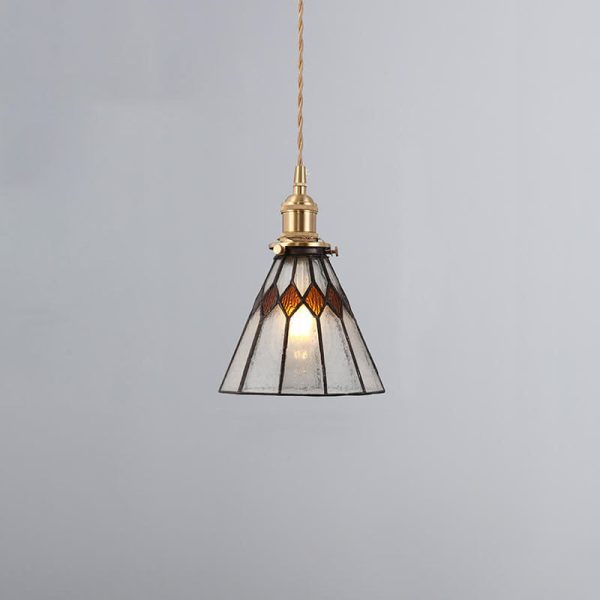 Japanese Vintage Brass Stained Glass Cone 1-Light Pendant Light - Image 4