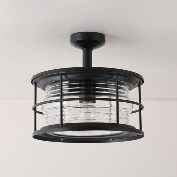 Industrial Vintage Glass Drum 1-Light Outdoor Semi-Flush Mount Ceiling Light - Image 5