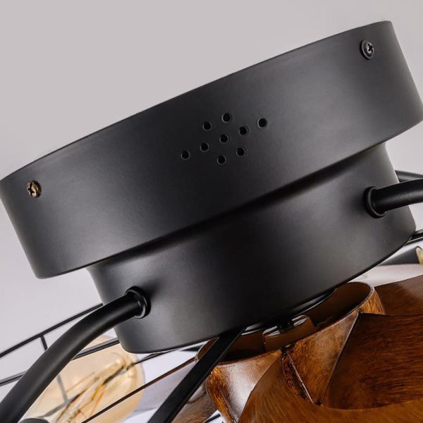 Industrial Vintage Wood Grain Drum Cage Design 3-Light Flush Mount Ceiling Fan Light - Image 8