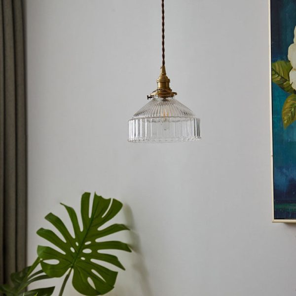 Contemporary Scandinavian Round Striped Glass Brass 1-Light Pendant Light For Living Room - Image 5