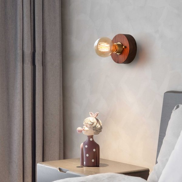 Round/Square Vintage Walnut Wood Wall Lamp 1-light with Pull Chain Switch - Image 5