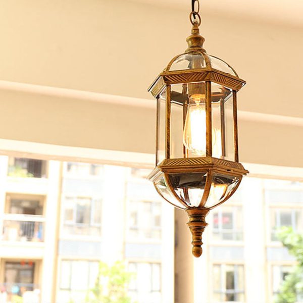 Contemporary Retro Hexagonal Lantern Glass Aluminum 1-Light Waterproof Pendant Light For Outdoor Patio - Image 2
