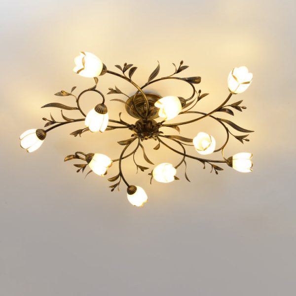Traditional French Flower Shaped Iron Glass 4/6/8/10/12 Light Semi-Flush Mount Ceiling Light For Bedroom - Image 11