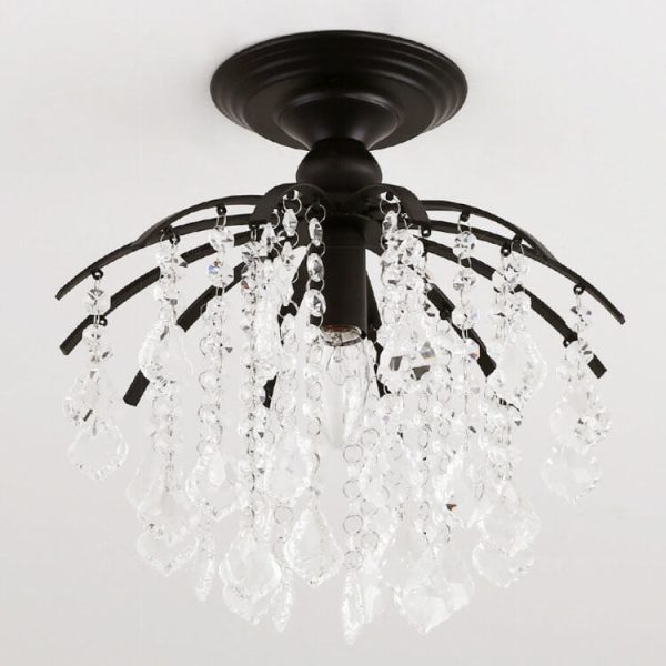 Scandinavian Modern Round Iron Crystal 1-Light Semi-Flush Mount Ceiling Light - Image 10