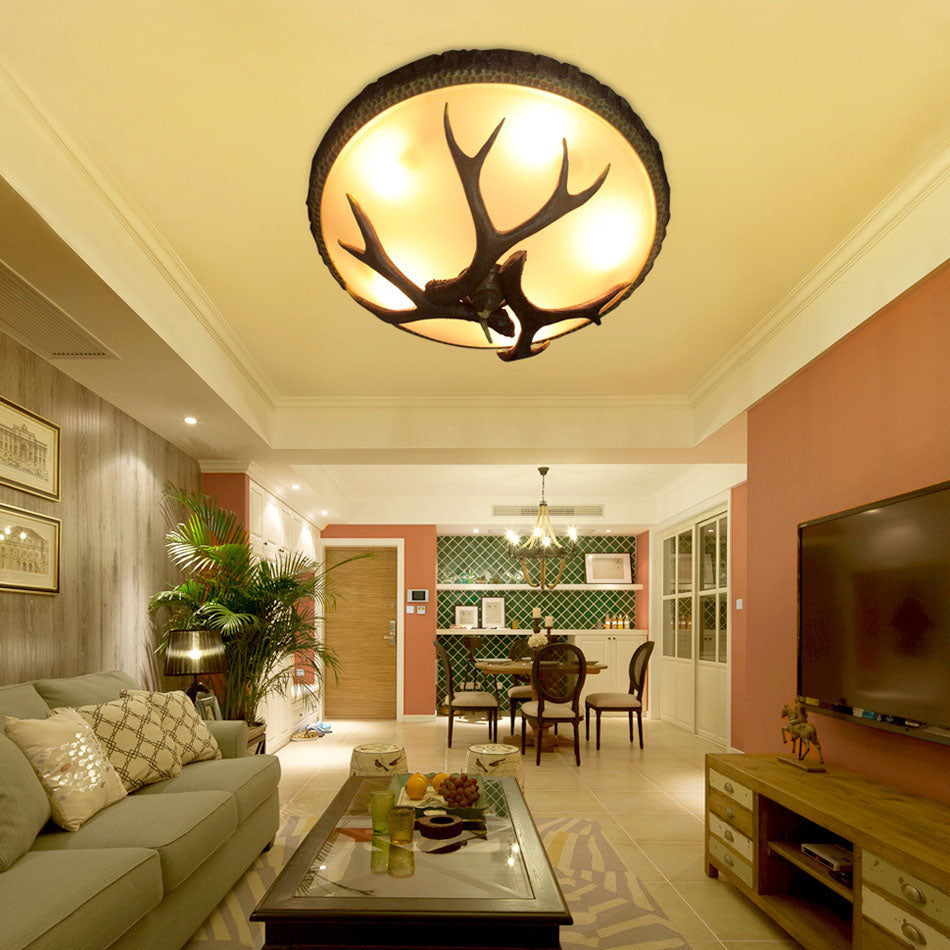 10-f9ac34ff-bd15-44dc-bdfc-5bd9e651420f.jpg Vintage Industrial Antler Resin Glass Round 2/3/5 Light Flush Mount Ceiling Light - Image 1