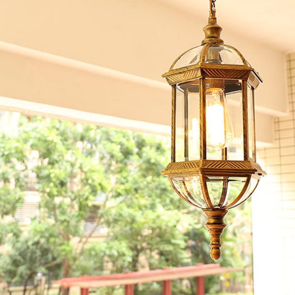 Contemporary Retro Hexagonal Lantern Glass Aluminum 1-Light Waterproof Pendant Light For Outdoor Patio - Image 20
