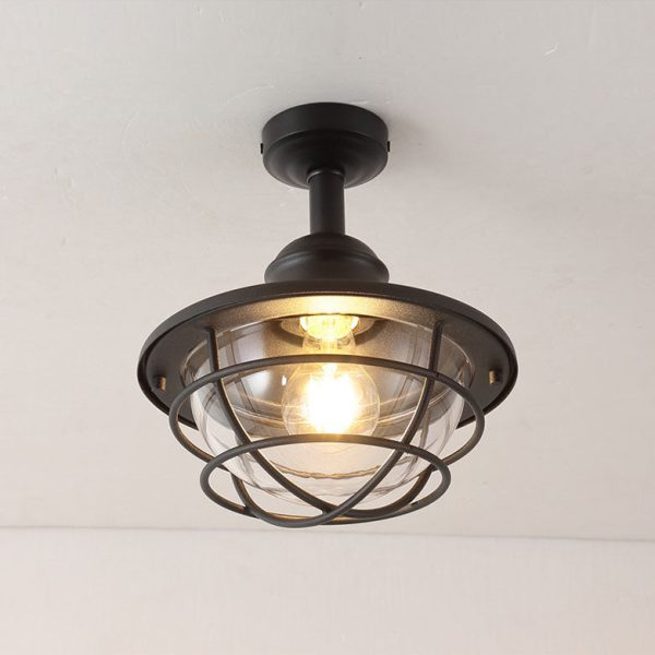 Industrial Vintage Glass Drum 1-Light Outdoor Semi-Flush Mount Ceiling Light - Image 4