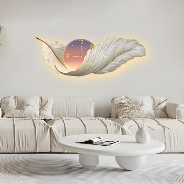 2-In-1 Wall Feather Painting Hanging Decor LED Wall Lamp Wall Clock - Image 6