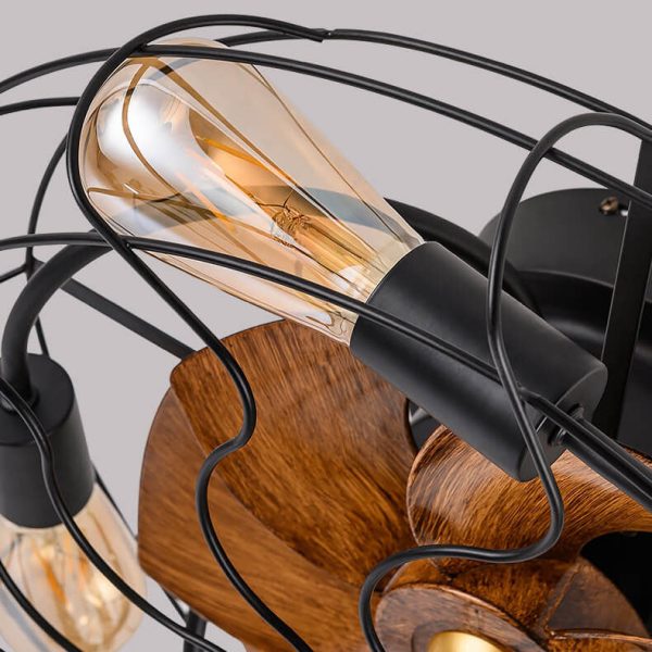 Industrial Vintage Wood Grain Drum Cage Design 3-Light Flush Mount Ceiling Fan Light - Image 9