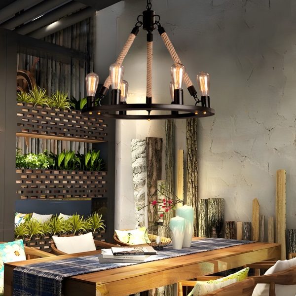 Rustic Industrial Hemp Rope Chandelier with Iron Frame - Image 3