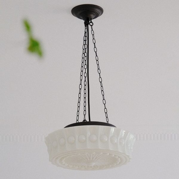 French Vintage White Jade Glass Stripes Round Drum LED Semi-Flush Mount Ceiling Light - Image 15