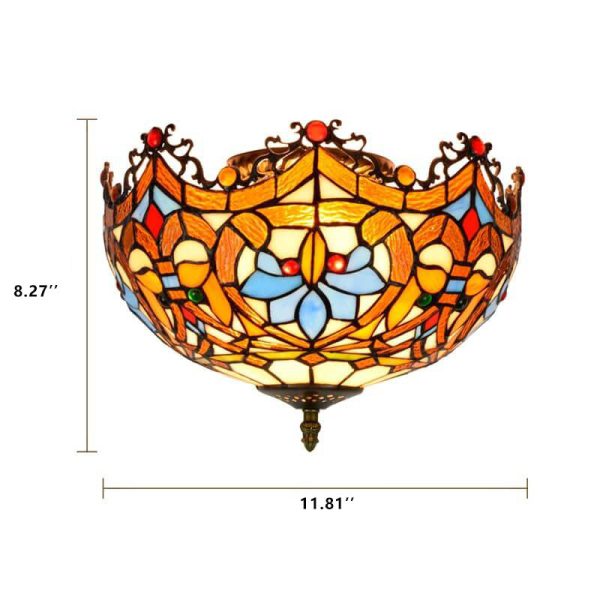 Vintage Tiffany Stained Glass Bowl Shape 2-Light Flush Mount Ceiling Light - Image 7