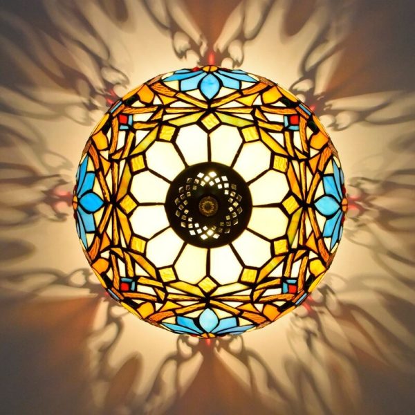 Vintage Tiffany Stained Glass Bowl Shape 2-Light Flush Mount Ceiling Light - Image 8