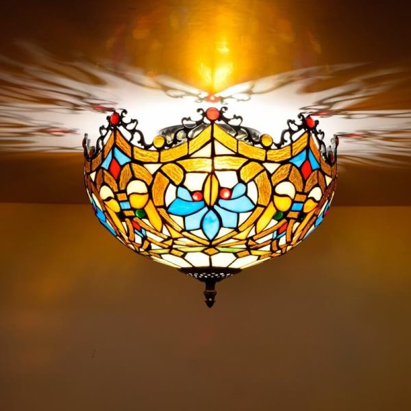 Vintage Tiffany Stained Glass Bowl Shape 2-Light Flush Mount Ceiling Light - Image 10
