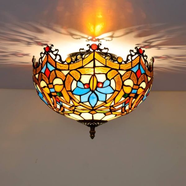 Vintage Tiffany Stained Glass Bowl Shape 2-Light Flush Mount Ceiling Light - Image 3