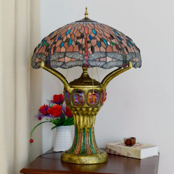 Tiffany Vintage Red Glass Dragonfly Design 4-Light Table Lamp - Image 5