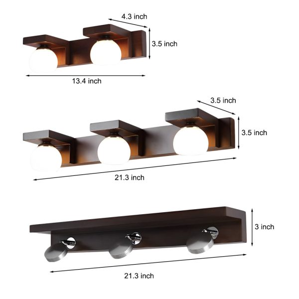 2/3-Light Wood Bathroom Vanity Light with Adjustable Iron Spotlight and Fixed Glass Shades - Image 9